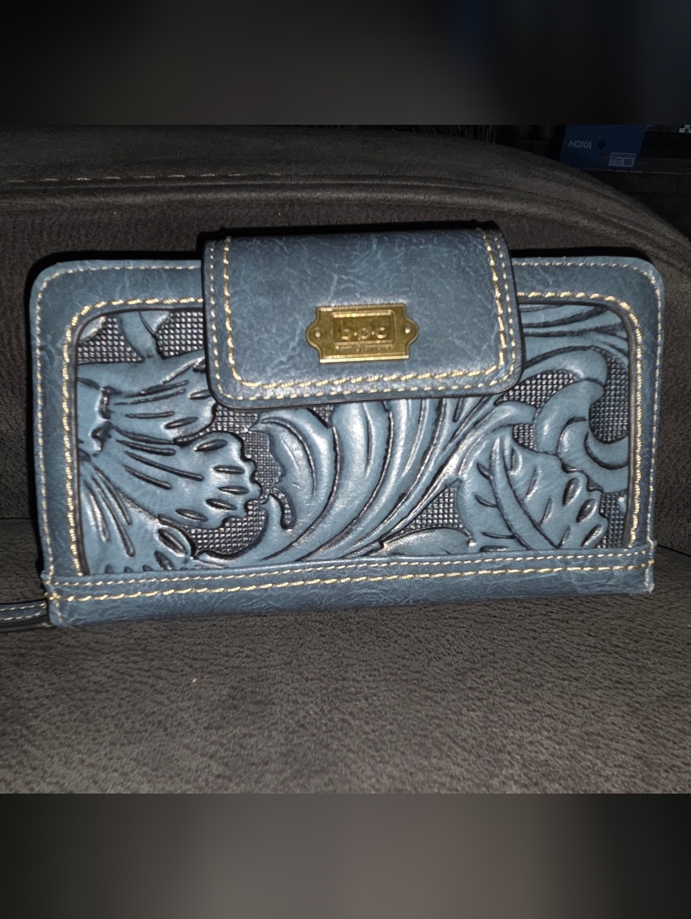 b.o.c. Blue Floral Embossed Wallet with Brass Nameplate